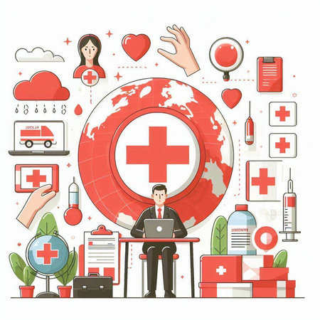 Vector illustration of doctor with laptop and medical icons around. Flat style design.のイラスト素材