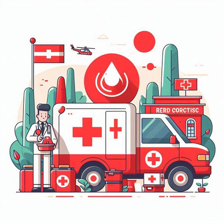 First aid kit. Ambulance and ambulance. Flat style vector illustration.のイラスト素材