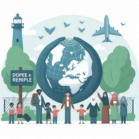 Vector illustration of people standing in front of the world globe. World environment day concept.のイラスト素材