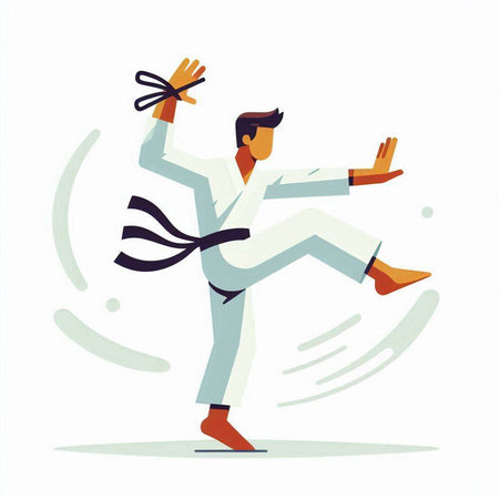 Taekwondo. Man in a kimono performs a kick. Vector illustrationのイラスト素材