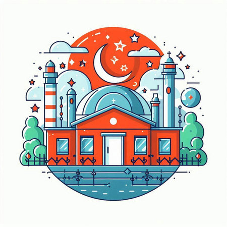 Vector illustration of mosque in flat linear style on the background of the moon and stars.のイラスト素材