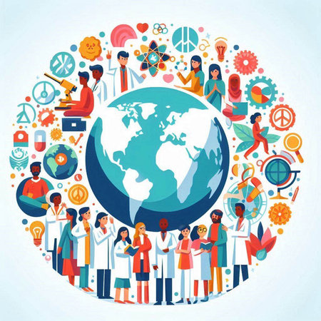 World health day concept. Group of doctors and nurses around the globe.のイラスト素材