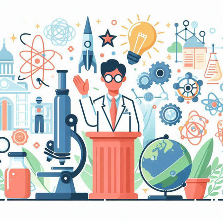 Scientist or scientist in laboratory. Flat style vector illustration. Science and education concept.のイラスト素材