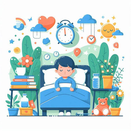 Cute little boy sleeping on the bed in the bedroom. Vector illustrationのイラスト素材