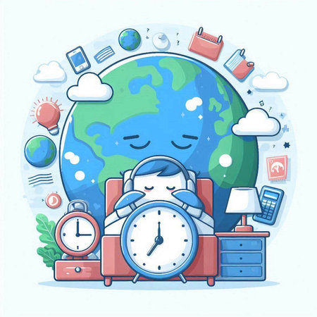 Illustration of a cute boy sleeping in front of the globe.のイラスト素材