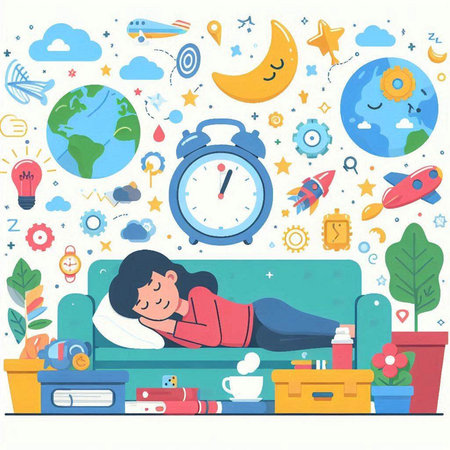 Vector illustration of a girl sleeping on the couch in front of the alarm clockのイラスト素材