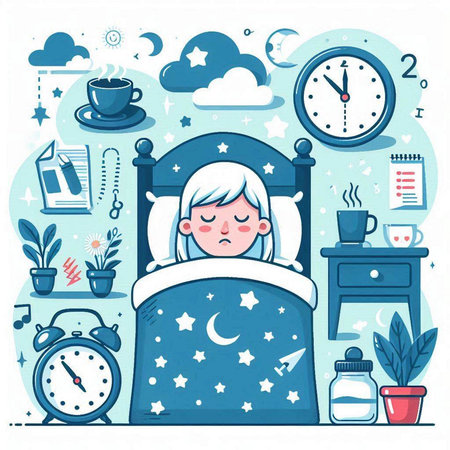 Cute little girl sleeping in the bed. Vector illustration in cartoon style.のイラスト素材