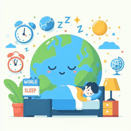 Vector illustration of a boy sleeping on the bed with a world globe in his handsのイラスト素材