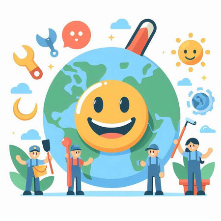 Cartoon characters of workers with earth globe and tools. Vector illustrationのイラスト素材