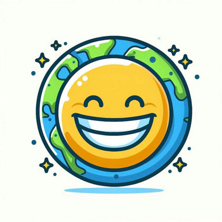 Cute cartoon planet earth with smiling face. Vector illustration isolated on white.のイラスト素材