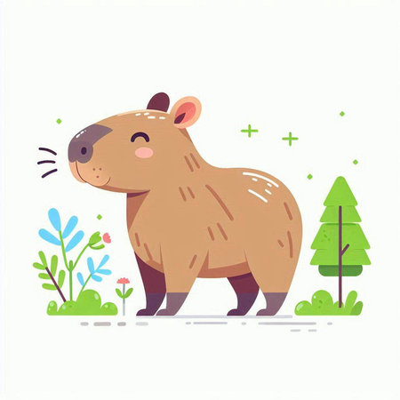 Cute cartoon beaver standing in the forest. Vector illustration.のイラスト素材
