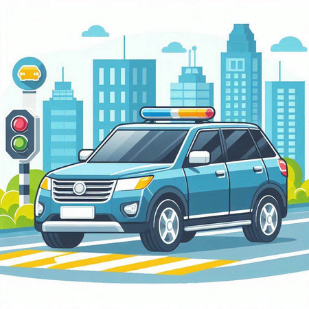 Police car on the road in the city. Vector cartoon illustration.のイラスト素材