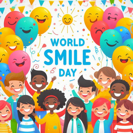 World Smile Day greeting card with group of children and balloons. Vector illustration.のイラスト素材