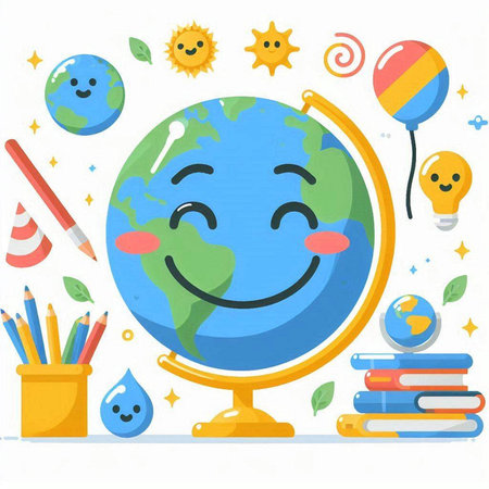 Illustration of a Smiling Earth with School Supplies on White Backgroundのイラスト素材