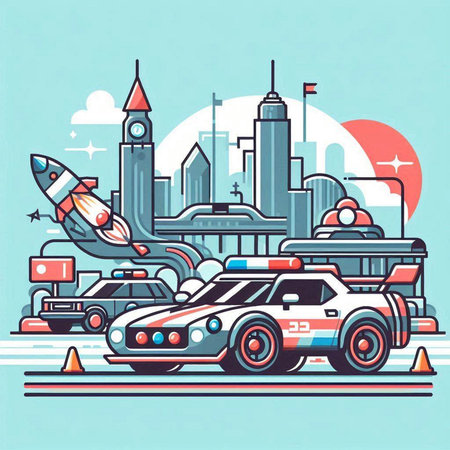 Vector illustration of the city with cars and a rocket on a blue backgroundのイラスト素材