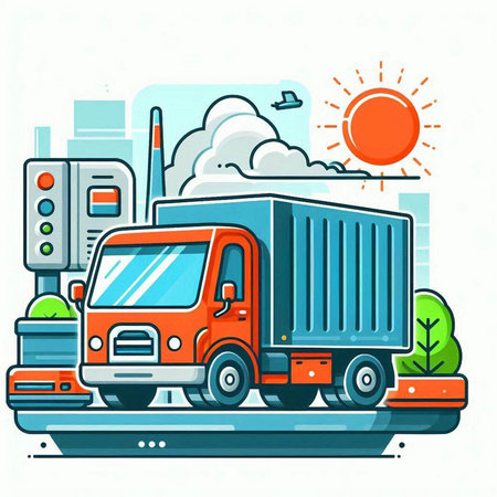 Cargo truck on city street. Freight transportation. Vector illustrationのイラスト素材