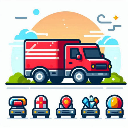 Vector illustration of red truck on road with cars. Cargo transportation concept.のイラスト素材