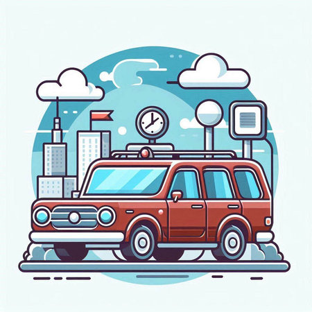 Vector illustration of a retro car on the road. The concept of travel and transport.のイラスト素材
