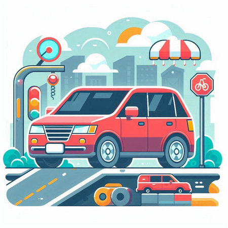 Red car on the road in the city. Vector illustration in flat styleのイラスト素材