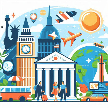 Travel around the world. Vector illustration in flat design style. Tourist attractions.のイラスト素材