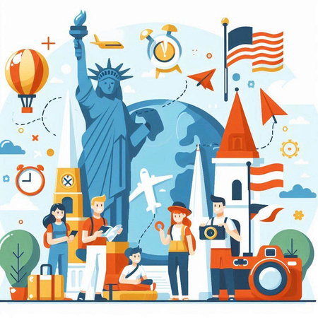 Traveling around the world vector illustration. Tourists, tourists and attractions. Flat style designのイラスト素材