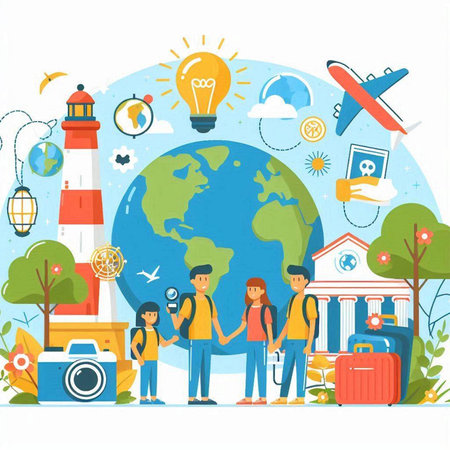 Traveling around the world concept. Flat vector illustration. Tourists with luggage, camera, globe, lighthouse, lamp.のイラスト素材
