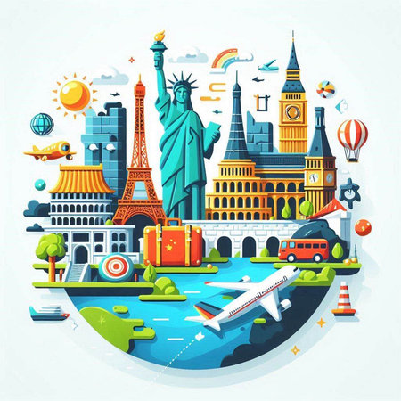 Travel and tourism concept with famous landmarks of the world. Vector illustrationのイラスト素材