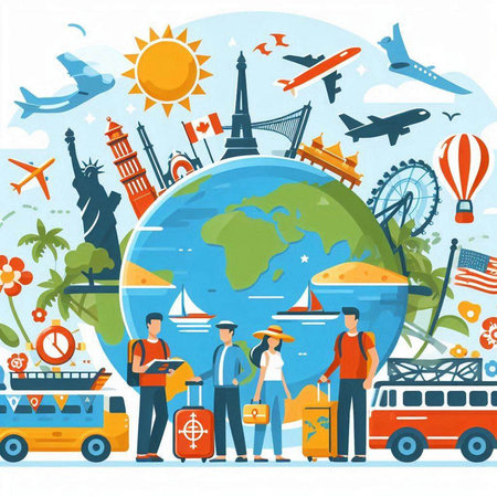 Travel around the world. Vector illustration in flat design style. Traveling around the world.のイラスト素材