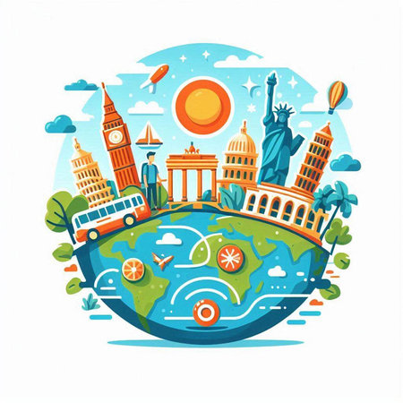 Travel around the world. Vector illustration in flat cartoon style. World famous landmarks.のイラスト素材