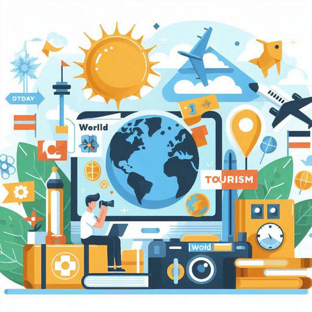 Tourism and travel flat vector illustration. Tourist with camera, map, binoculars, globe, passport and airplane.のイラスト素材