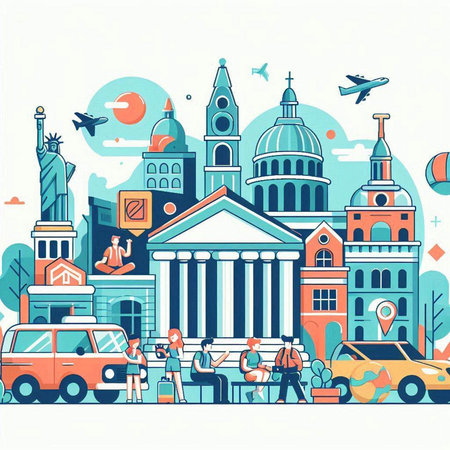 Travel and tourism concept with famous landmarks. Vector illustration in flat styleのイラスト素材