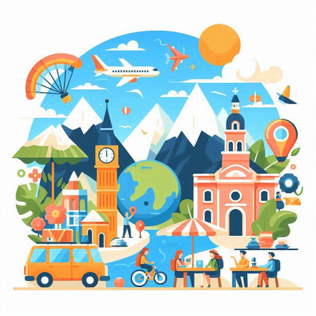 Traveling around the world concept. Flat design vector illustration. Tourism and vacation.のイラスト素材