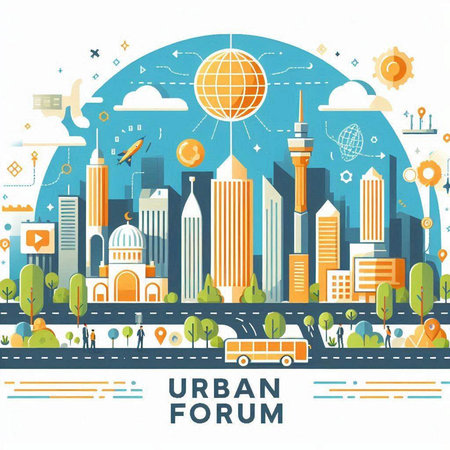 Flat design vector illustration concept for travel and tourism. Modern city landscape with buildings, roads and people.のイラスト素材