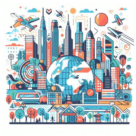 Vector illustration of modern city with buildings, skyscrapers, buildings and airplanes.のイラスト素材