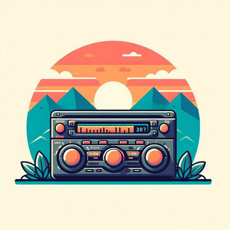 Retro radio. Vector illustration of a retro radio on the background of nature.のイラスト素材