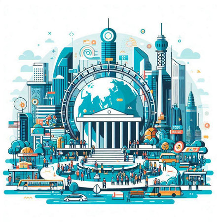 City landscape with buildings, skyscrapers and people. Vector illustration.のイラスト素材