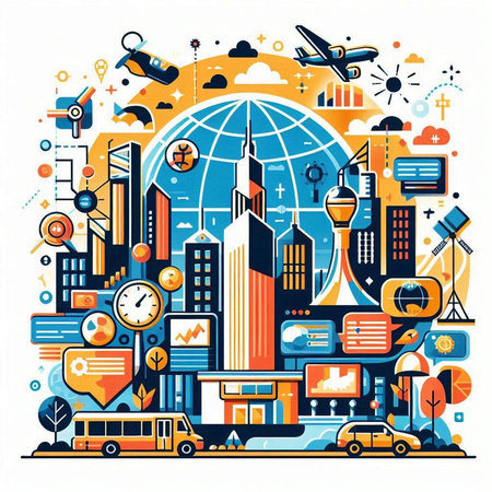 Flat line design modern vector illustration concept of urban life. Cityscape, buildings, cars, bus, globe and other elements.のイラスト素材