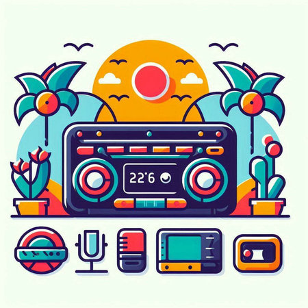 Vector illustration of retro radio set in flat line style with palm tree, sun and music player.のイラスト素材