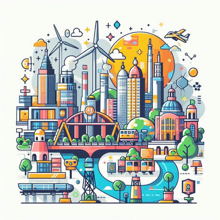Vector illustration of urban landscape with buildings and windmills on white backgroundのイラスト素材
