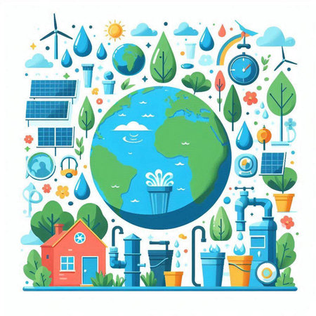 Ecology concept with planet earth, solar panels, windmills and plants. Vector illustrationのイラスト素材