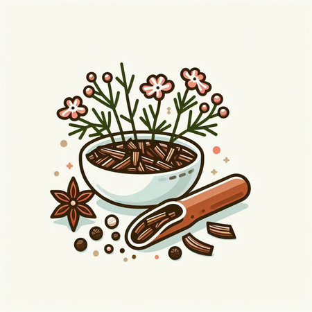 Cinnamon sticks and star anise in bowl. Vector illustration.のイラスト素材