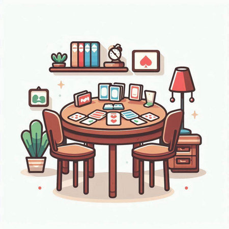 Dining room interior with table, chairs and bookshelf. Vector illustration.のイラスト素材