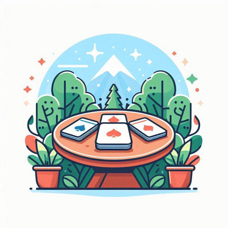 Vector illustration of a table with playing cards on the background of the forest.のイラスト素材