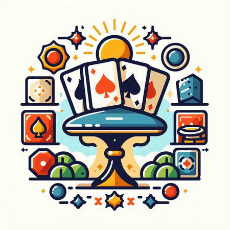 Colorful vector line art illustration of a casino table with playing cards.のイラスト素材
