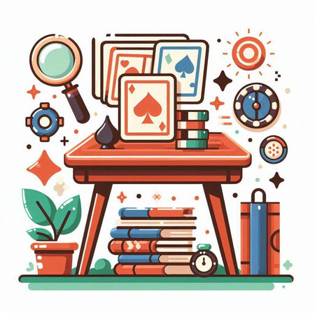 Flat design vector illustration concept of education and learning. School desk, books, magnifying glass, calculator, magnifier, pile of playing cards, bookshelf, books and globe.のイラスト素材