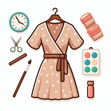 Vector illustration of a woman's dressing gown with a set of accessories.のイラスト素材