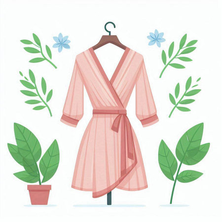 Womens bathrobe with flowers on a hanger. Vector illustrationのイラスト素材