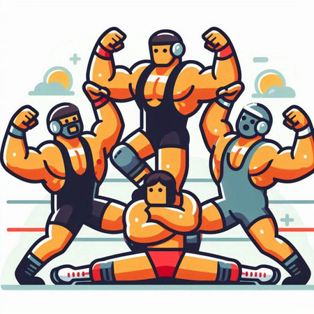 Cartoon illustration of a group of mixed martial arts fighters ready to fightのイラスト素材