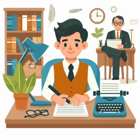 Journalist working at his desk. Vector illustration in cartoon style.のイラスト素材