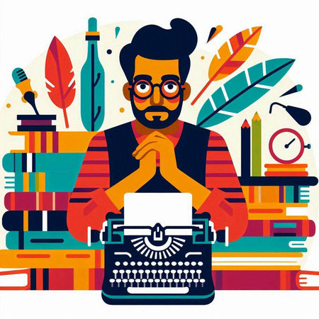 Hipster writer with a typewriter. Vector flat illustration.のイラスト素材